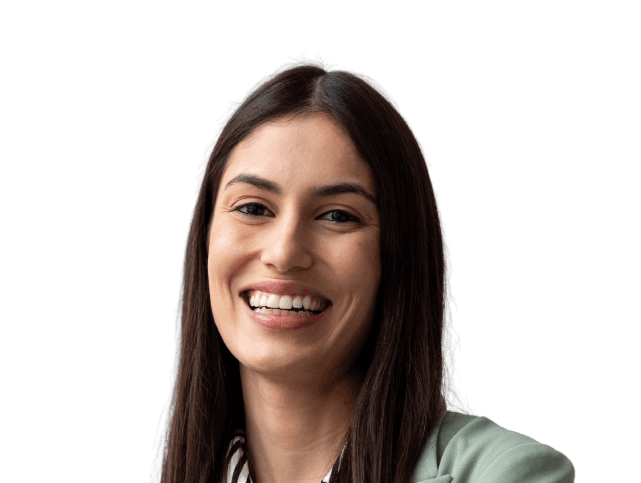 Close-up portrait of a young professional woman with long dark hair, smiling warmly with bright white teeth, wearing a light green blazer.