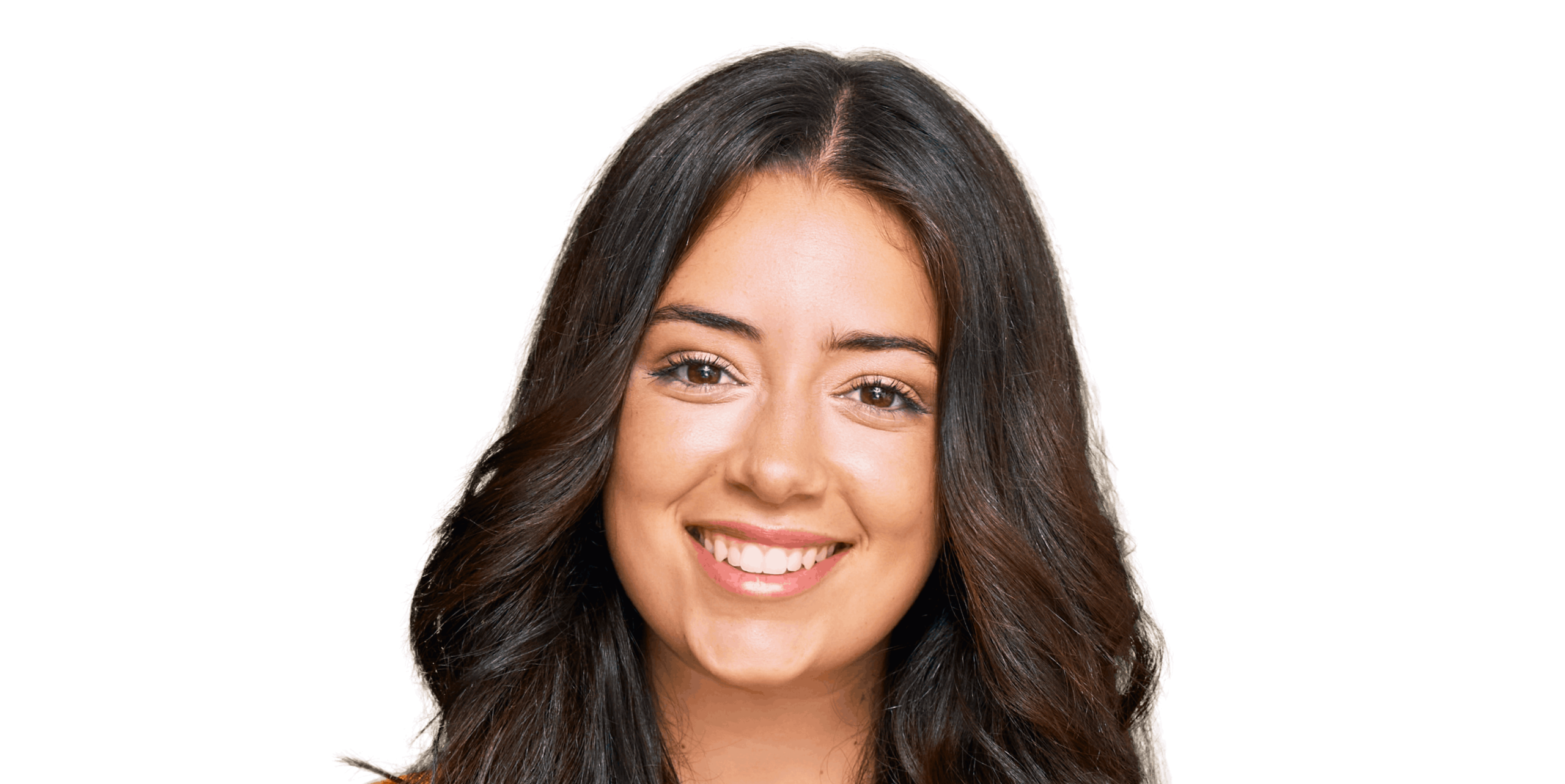 Close-up portrait of a young woman with long, dark, wavy hair, smiling warmly with her eyes looking at the camera. White background.