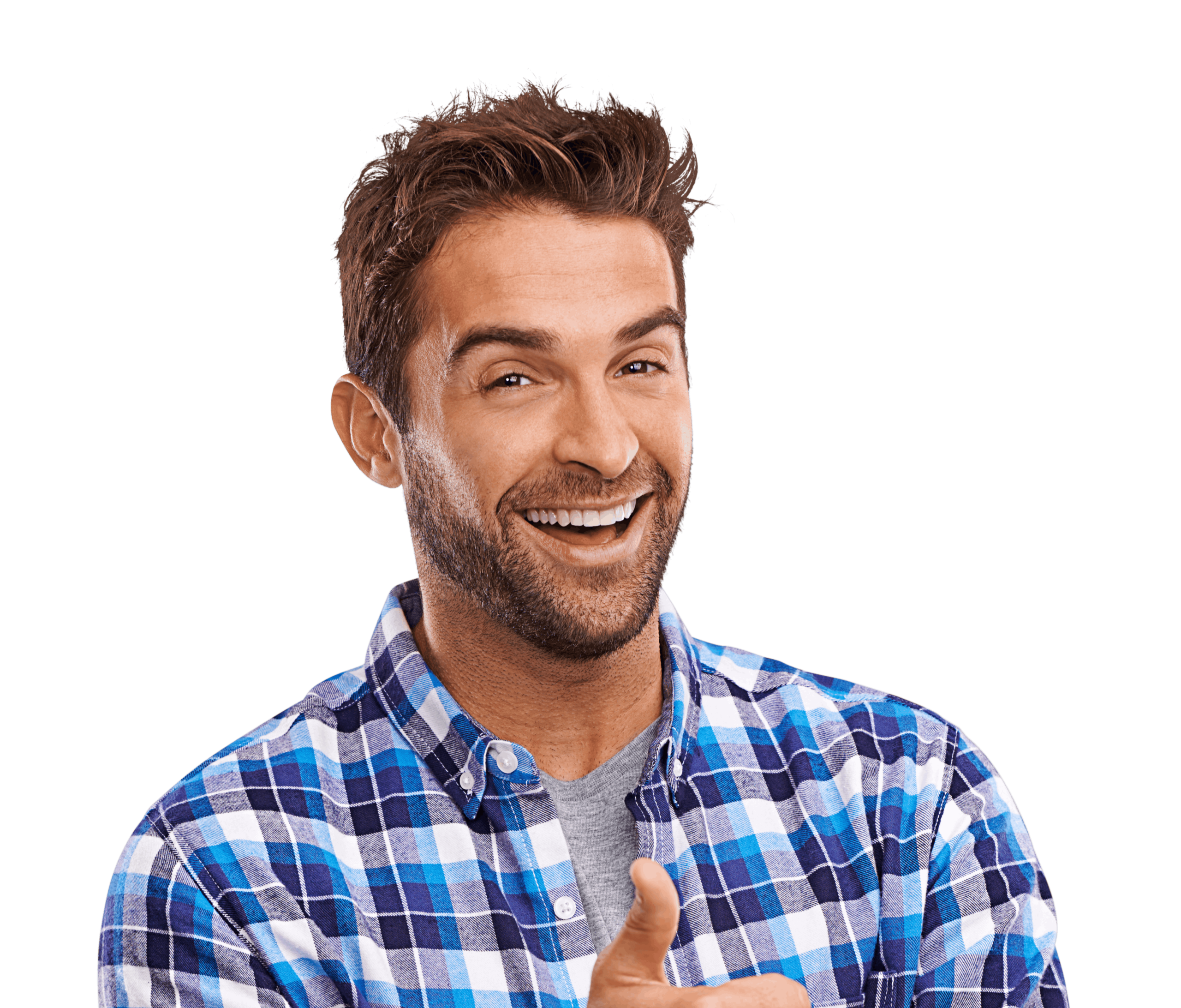 A man with brown hair and a beard smiles broadly, giving a thumbs-up gesture. He wears a blue and white plaid shirt over a grey t-shirt.