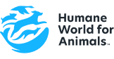 Logo for Humane World for Animals, featuring a blue circular design with silhouettes of animals and the text 'Humane World for Animals.'