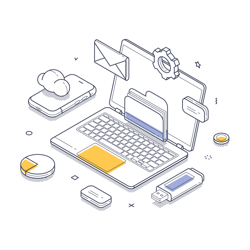 Isometric illustration of a laptop, smartphone with cloud icon, USB drive, pie chart, and email icon, representing digital data management and cloud services.