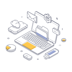 Isometric illustration of a laptop, smartphone with cloud icon, USB drive, pie chart, and email icon, representing digital data management and cloud services.