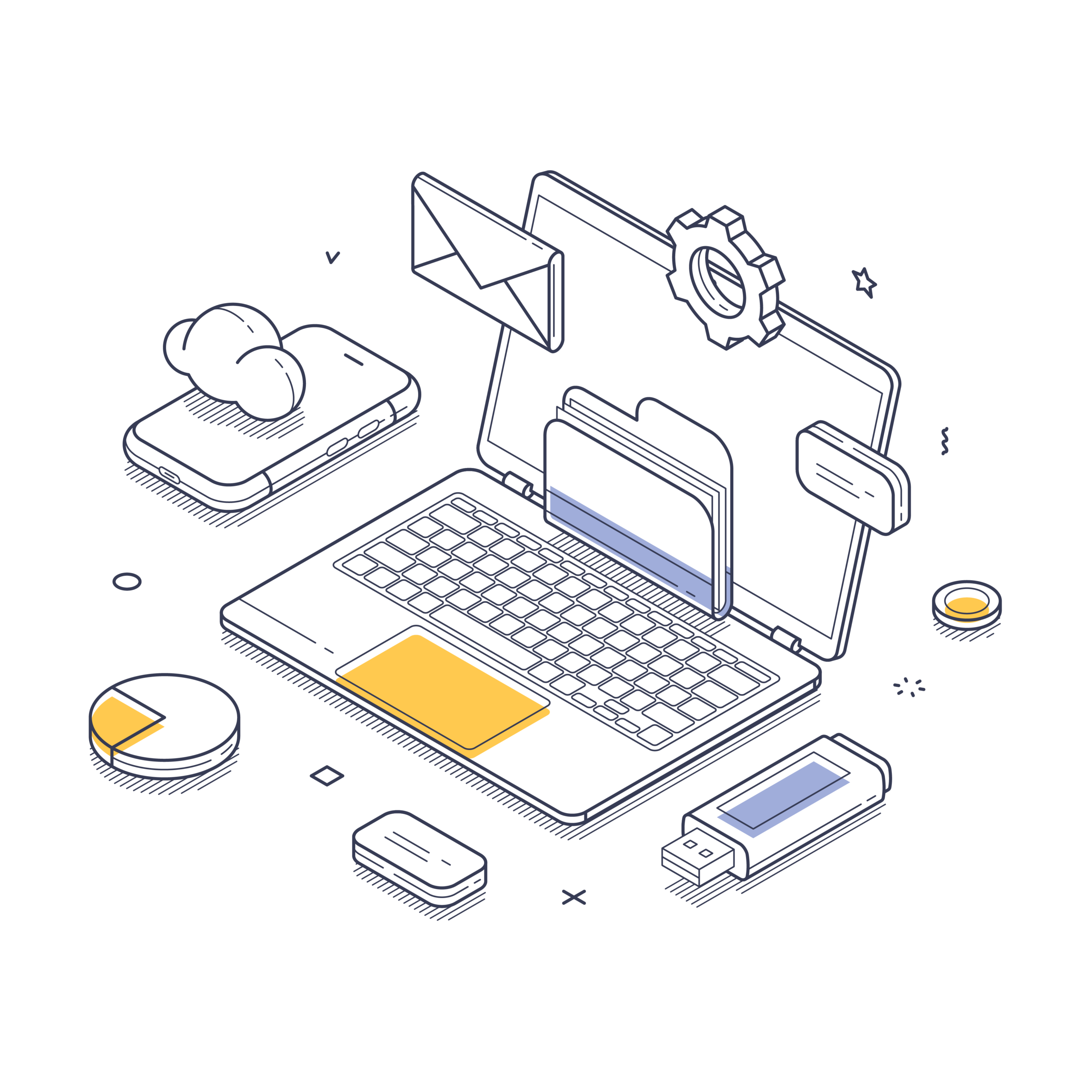 Isometric illustration of a laptop, smartphone with cloud icon, USB drive, pie chart, and email icon, representing digital data management and cloud services.
