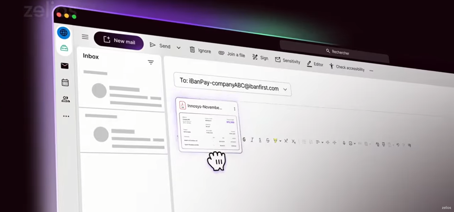 A computer screen displaying an email composition window with a PDF invoice attachment preview visible, and a cursor hovering over it.