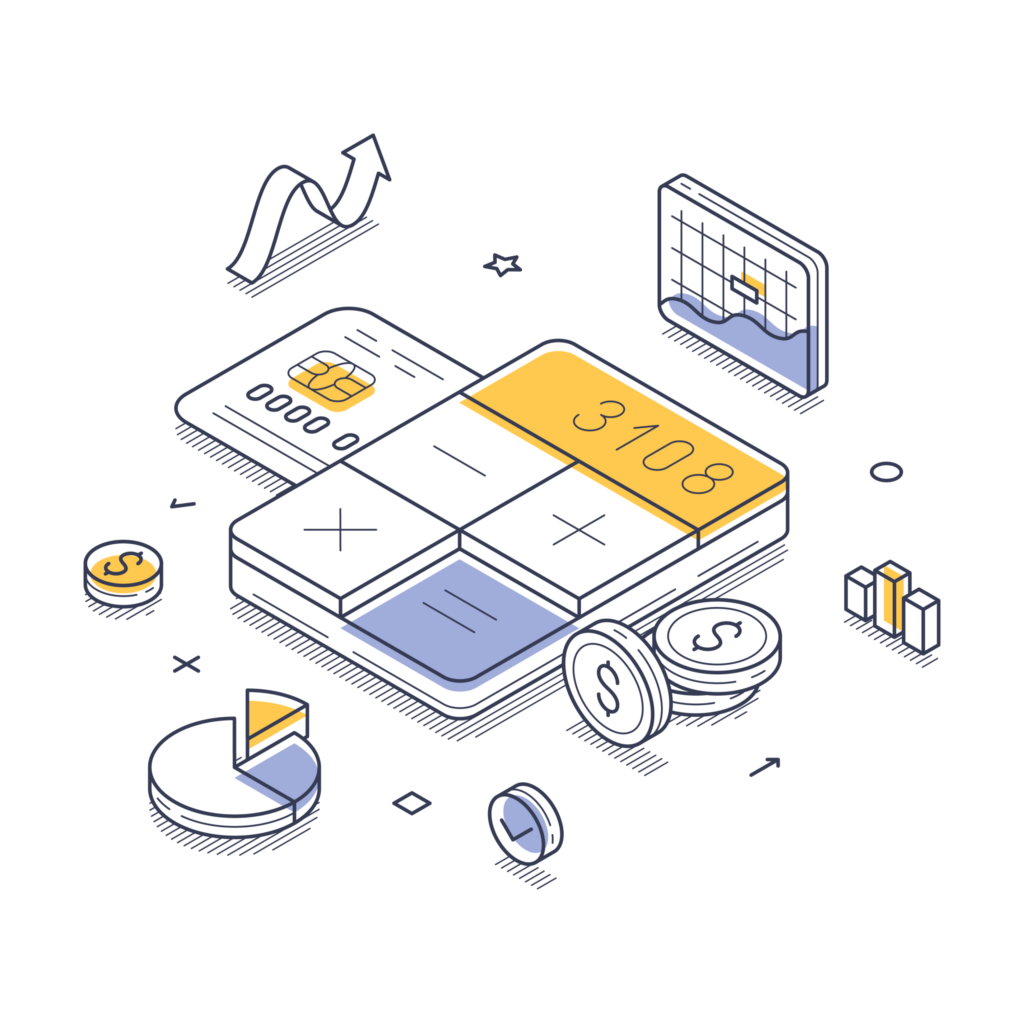 Isometric illustration of financial elements including a calculator, credit card, coins, pie chart, bar graph, and upward trending arrow.