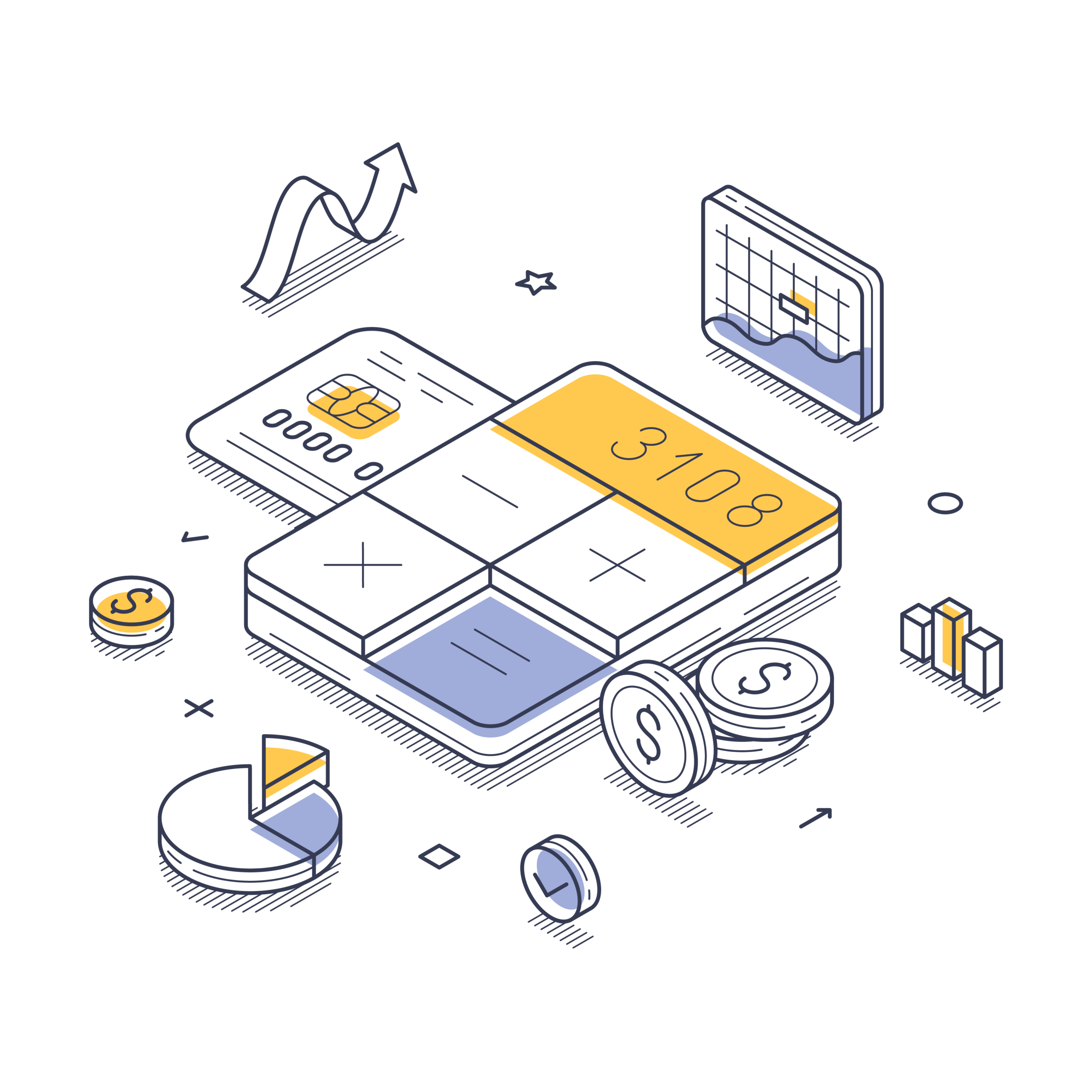 Isometric illustration of financial elements including a calculator, credit card, coins, pie chart, bar graph, and upward trending arrow.