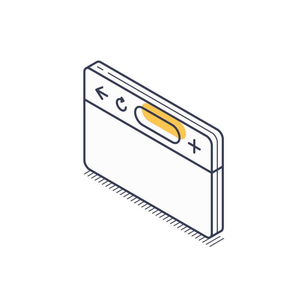 Isometric illustration of a browser window with back arrow, refresh icon, search bar, and close button.