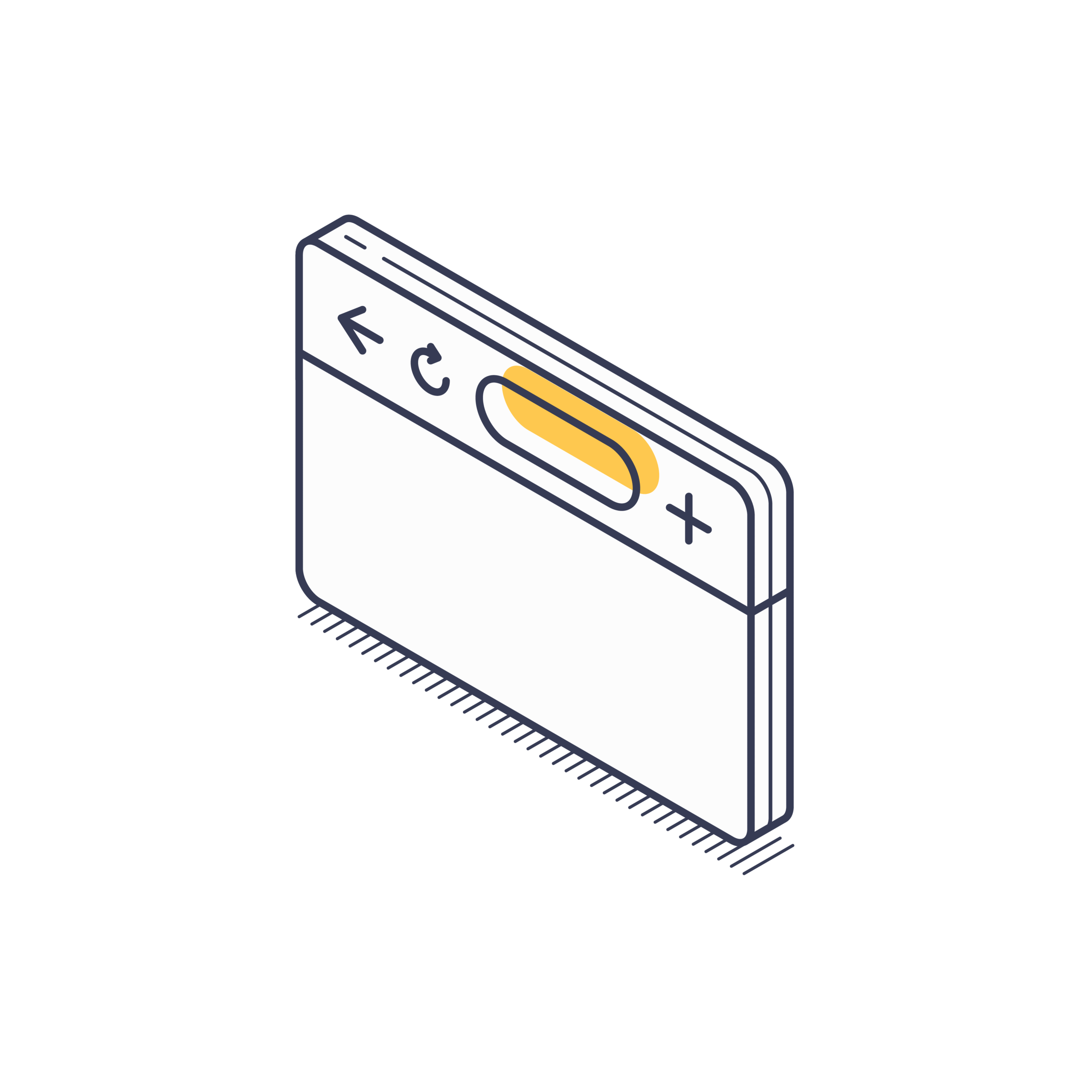 Isometric illustration of a browser window with back arrow, refresh icon, search bar, and close button.