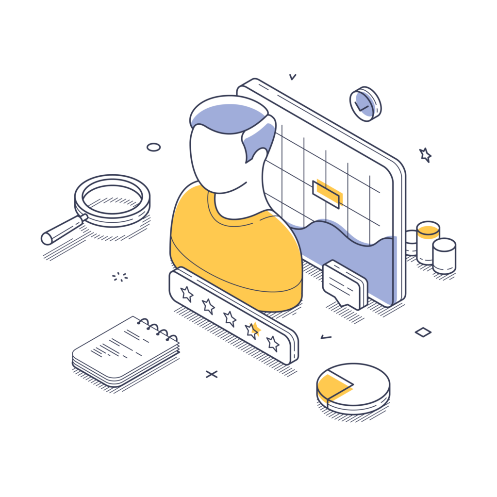 Isometric illustration showing a person, magnifying glass, notepad, pie chart, stacked coins, and a graph representing business analytics and customer feedback.