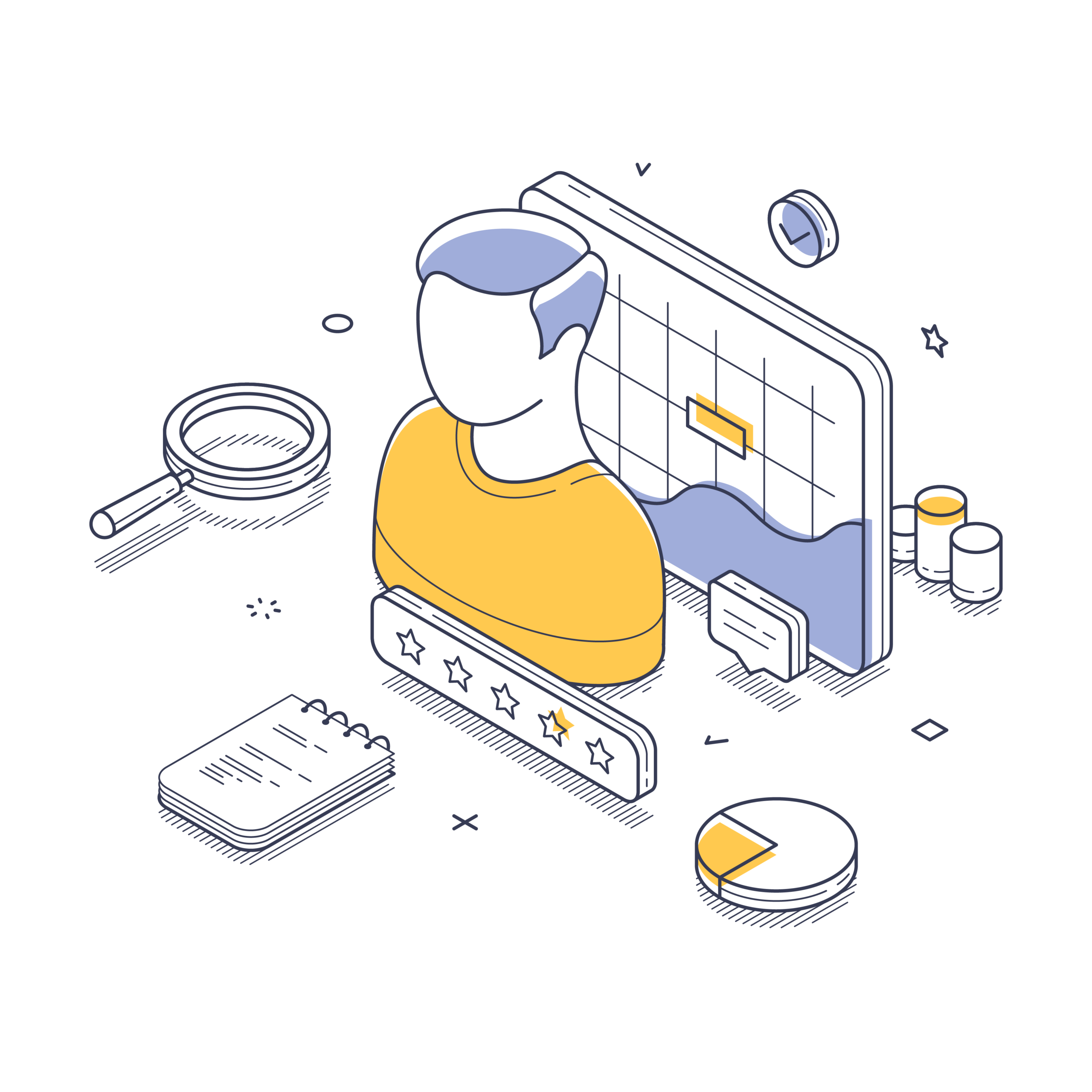 Isometric illustration showing a person, magnifying glass, notepad, pie chart, stacked coins, and a graph representing business analytics and customer feedback.