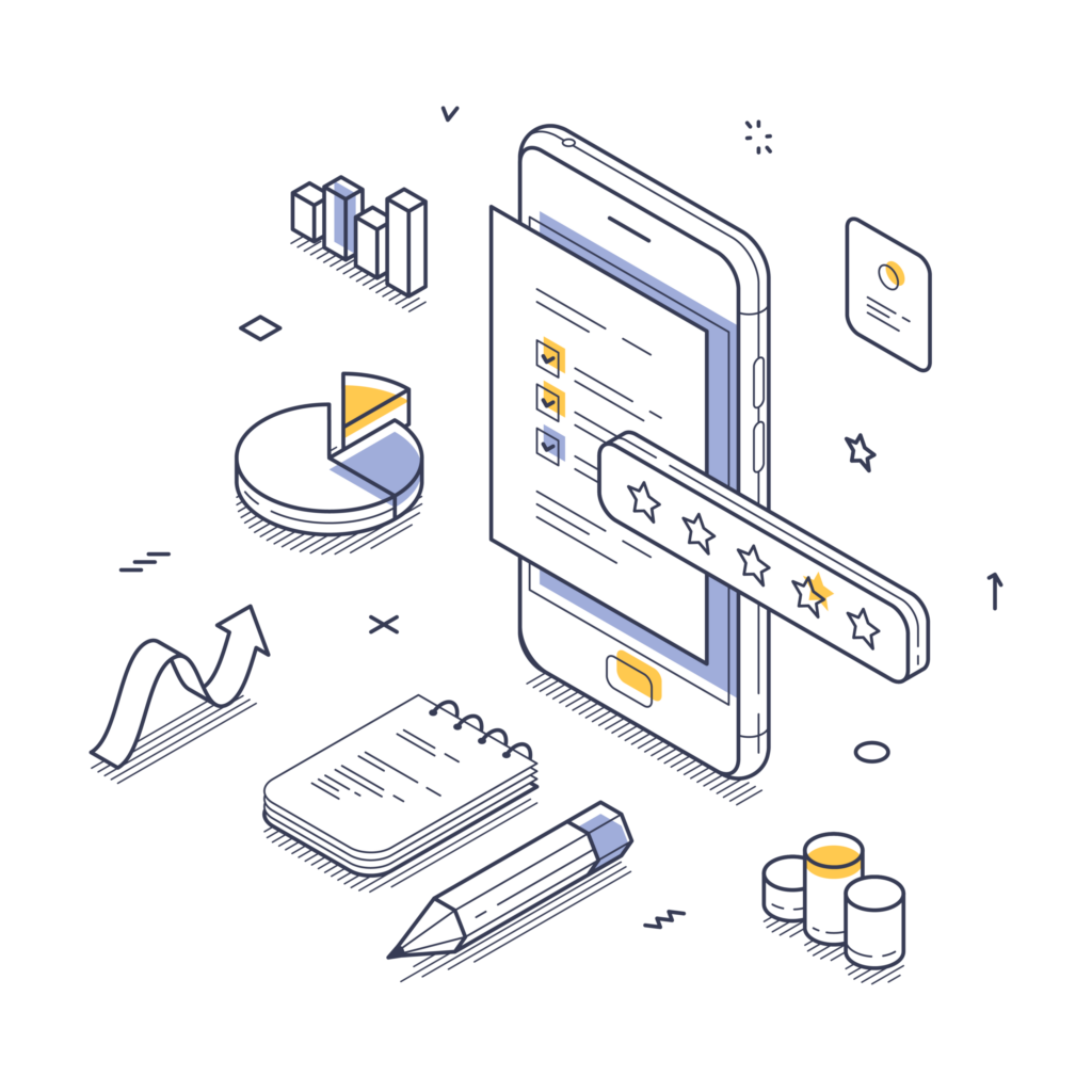 Isometric illustration showing a smartphone with a checklist and star rating, alongside charts, a notepad, pencil, and coins, representing business analytics and customer feedback.