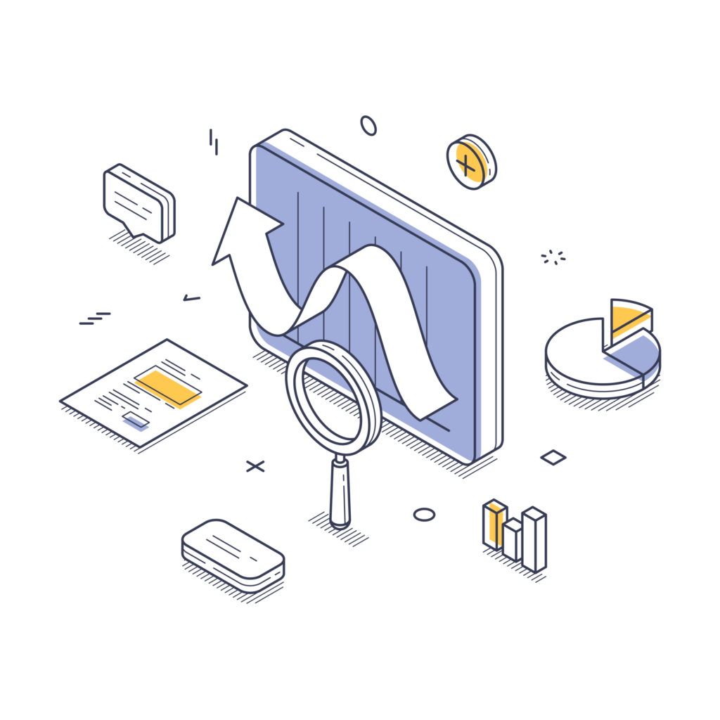 Isometric illustration showing business analytics elements: a graph with an upward trend, magnifying glass, pie chart, bar chart, document, and chat bubble.