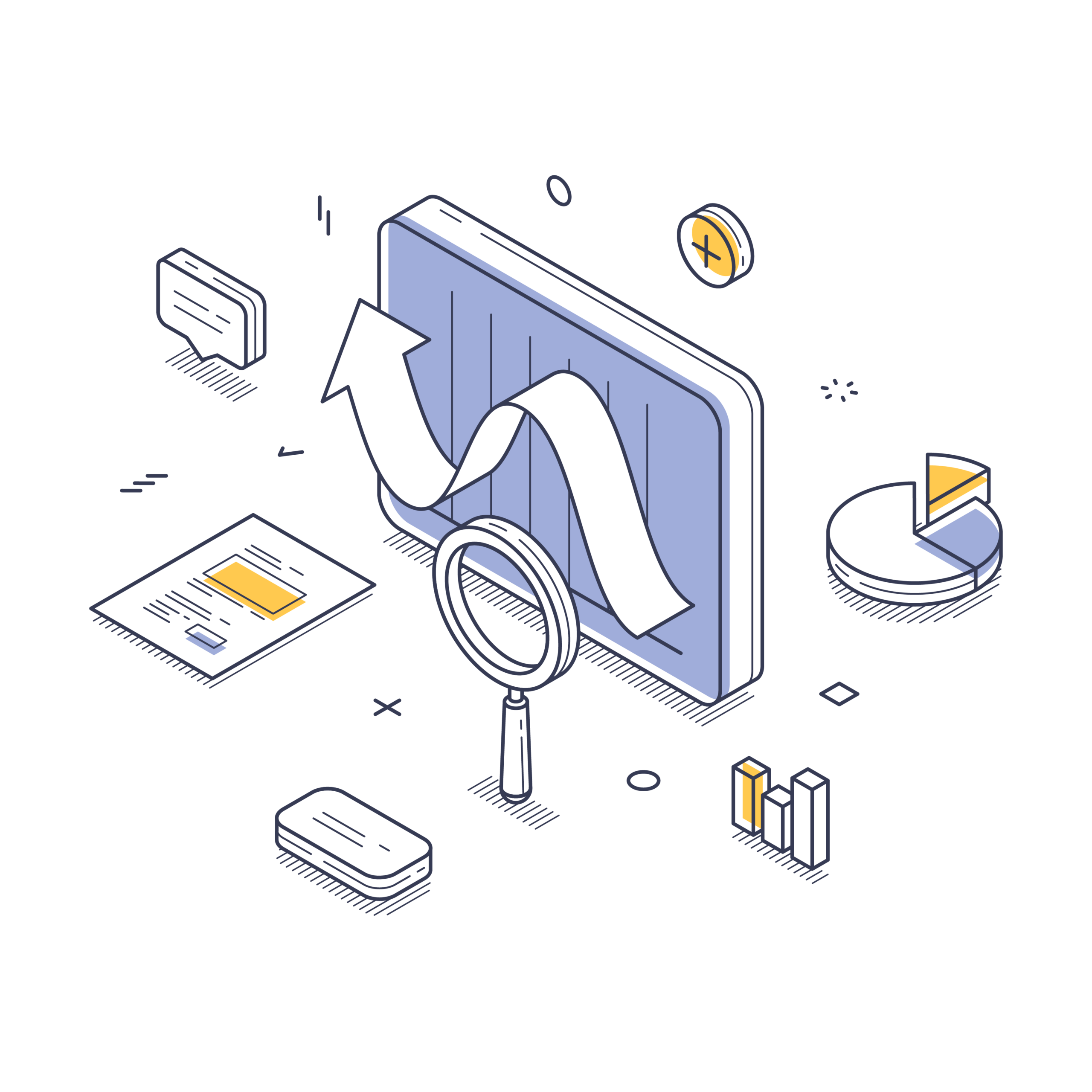 Isometric illustration showing business analytics elements: a graph with an upward trend, magnifying glass, pie chart, bar chart, document, and chat bubble.