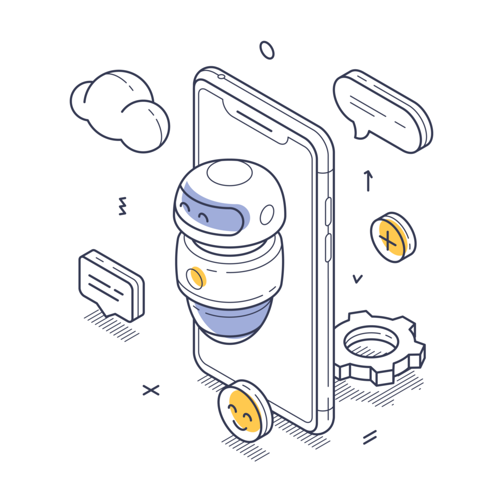 Isometric illustration of a friendly robot chatbot emerging from a smartphone screen, surrounded by icons representing cloud, chat bubbles, gears, and coins.
