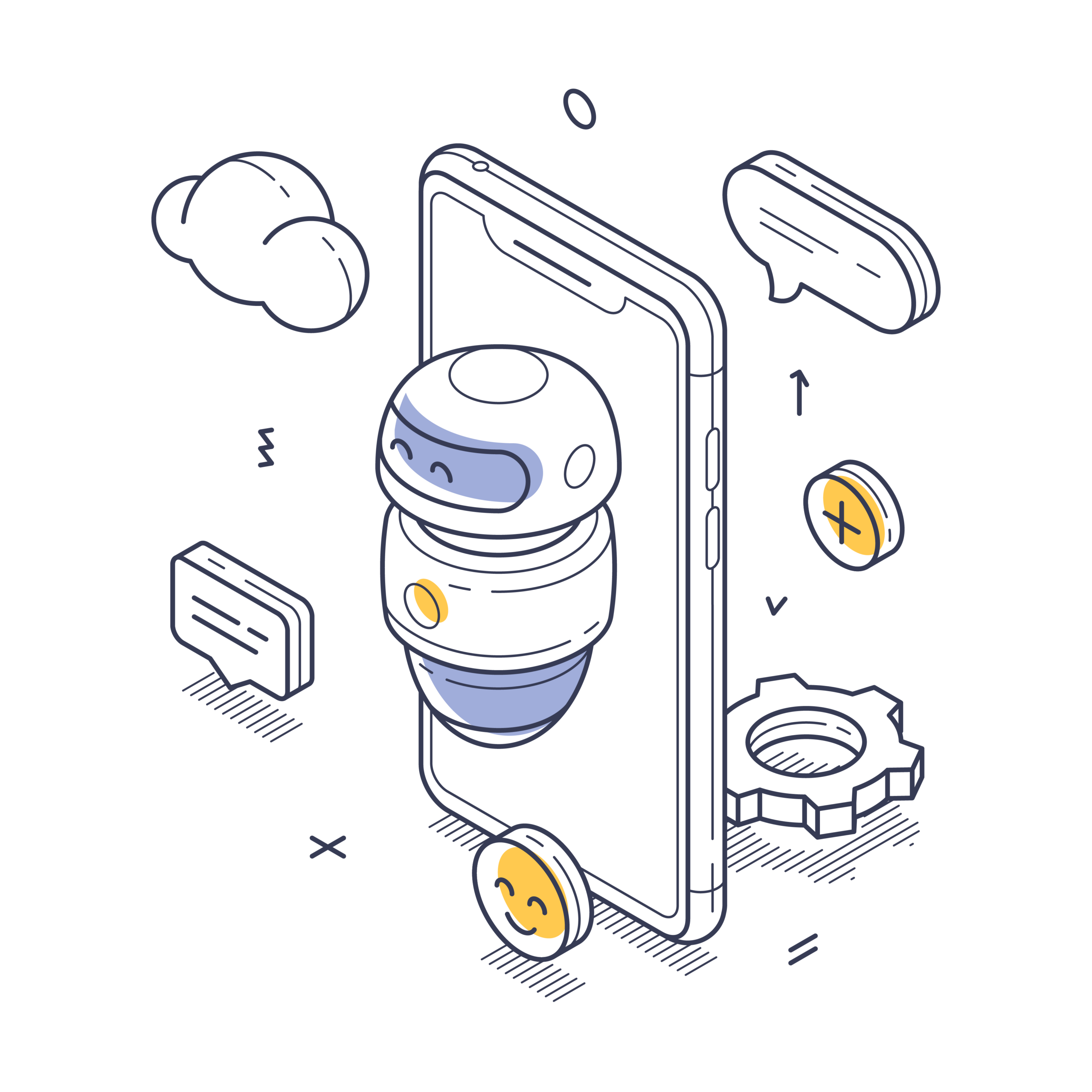Isometric illustration of a friendly robot chatbot emerging from a smartphone screen, surrounded by icons representing cloud, chat bubbles, gears, and coins.