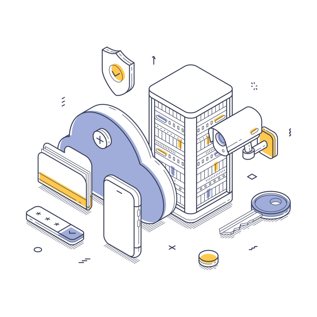 Isometric illustration of cybersecurity elements: cloud, server, security camera, key, shield, smartphone, and password entry device.