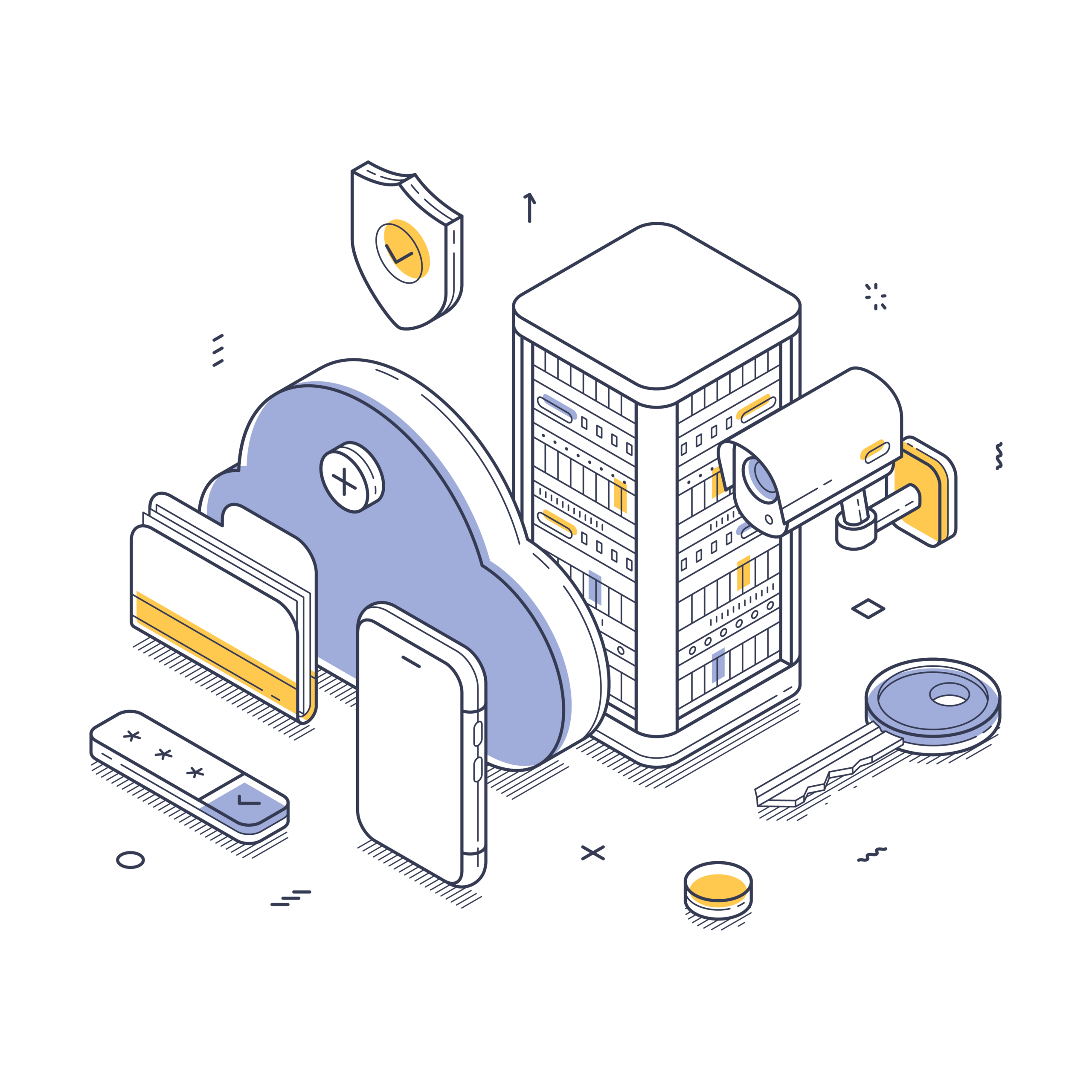 Isometric illustration of cybersecurity elements: cloud, server, security camera, key, shield, smartphone, and password entry device.