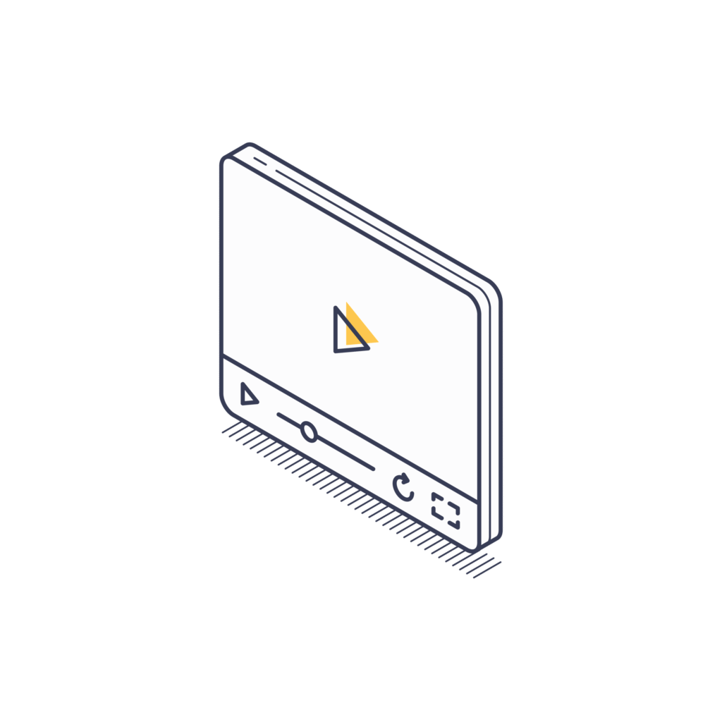 Isometric illustration of a video player interface with play, pause, progress bar, replay, and fullscreen icons.