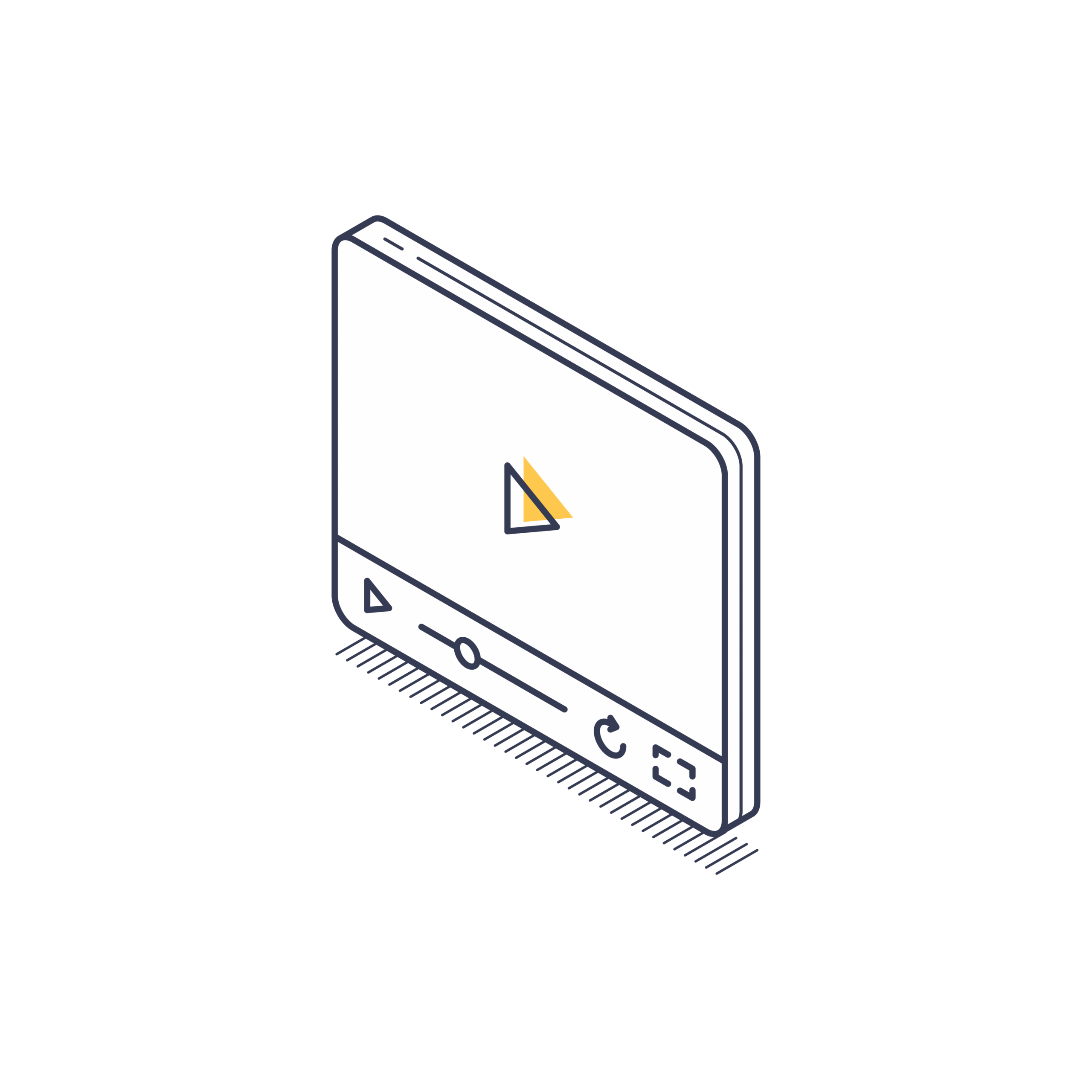 Isometric illustration of a video player interface with play, pause, progress bar, replay, and fullscreen icons.