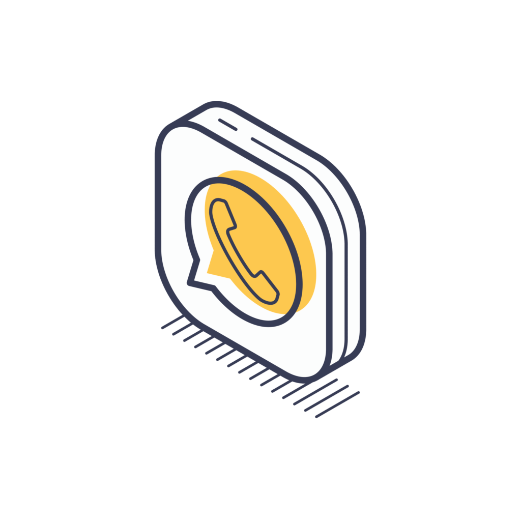 Isometric illustration of the WhatsApp logo featuring a phone handset inside a speech bubble, set against a white background.