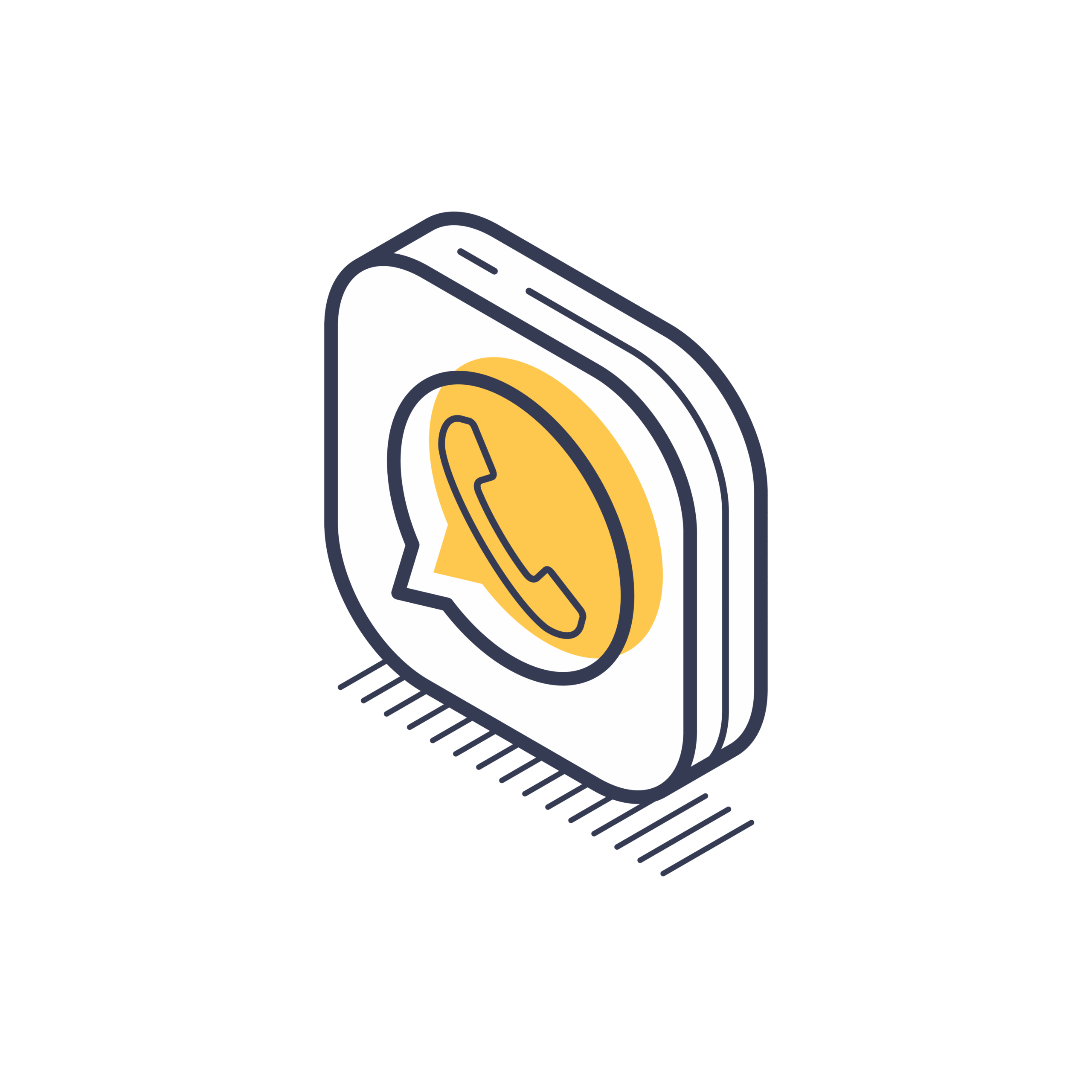 Isometric illustration of the WhatsApp logo, featuring a phone icon within a speech bubble on a white background.