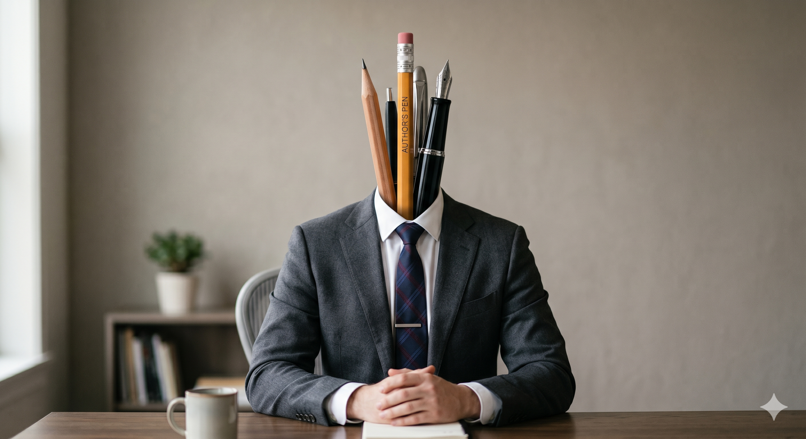 A man in a suit sits at a desk, his head replaced by writing instruments including pencils and pens, symbolizing authorship.